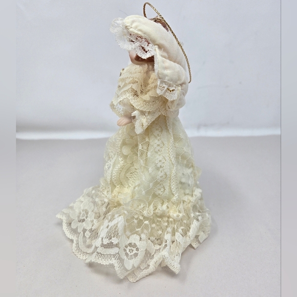 Heavenly Angel Ornament Tree Topper Porcelain Face & Hands, Wings Lace Dress - Picture 2 of 11